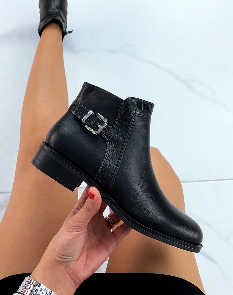 Bottines basses noires à empiècements effet croco et lanière