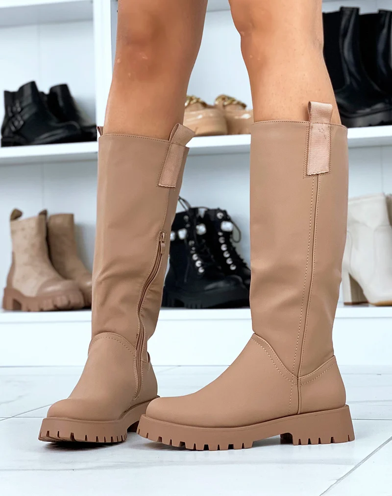 Bottes hautes beige foncé gommé avec empiècement en tissu