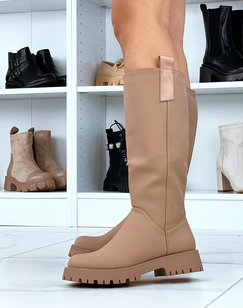 Bottes hautes beige foncé gommé avec empiècement en tissu