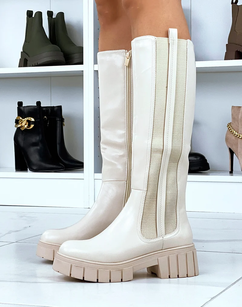 Bottes hautes beiges à semelle épaisse