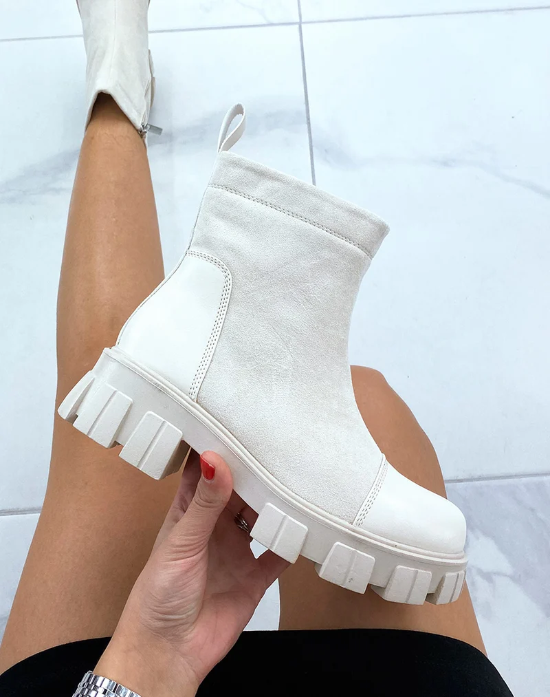 Bottines beiges bi-matières en suédine
