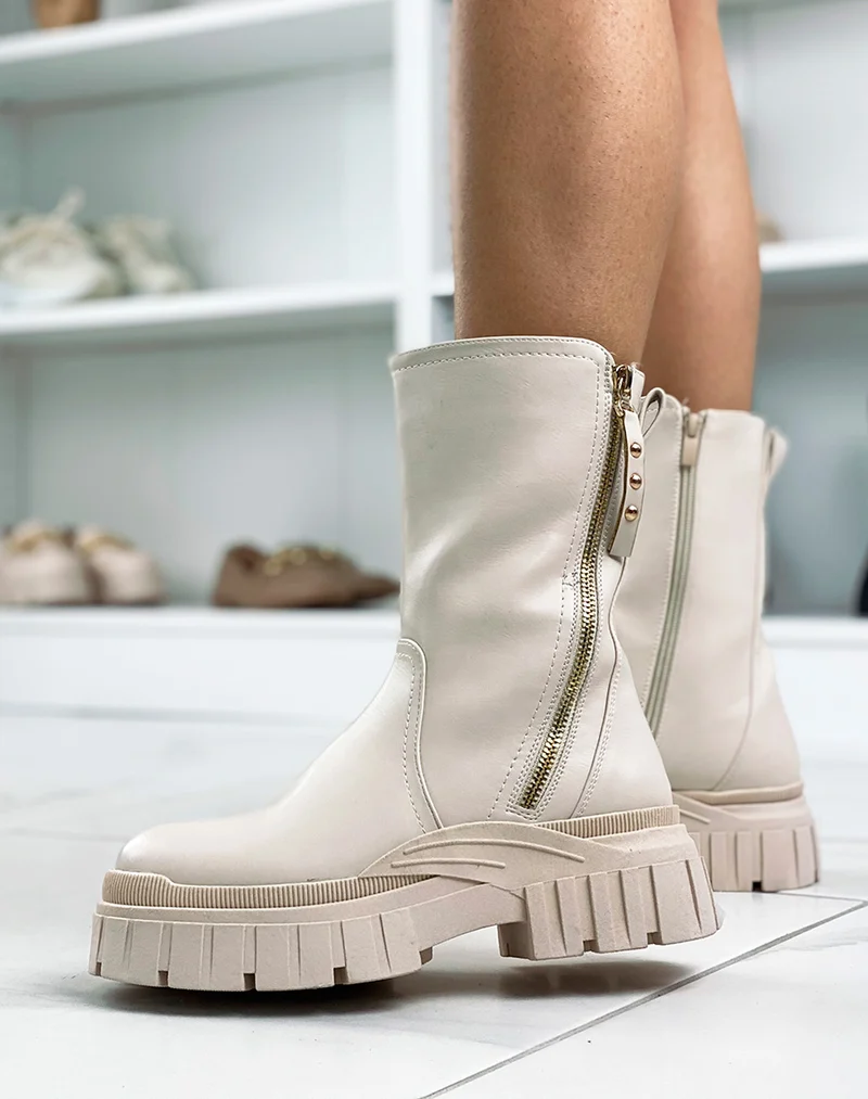 Bottines hautes beiges à zip