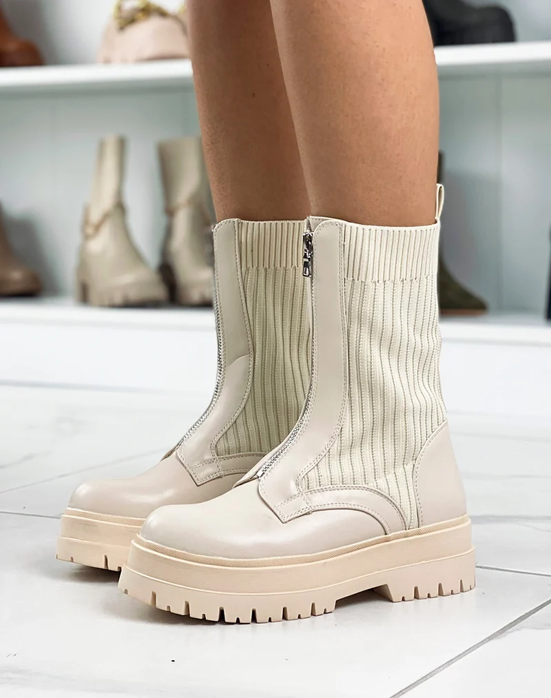 Bottines montantes beiges bi-matière à zip argenté