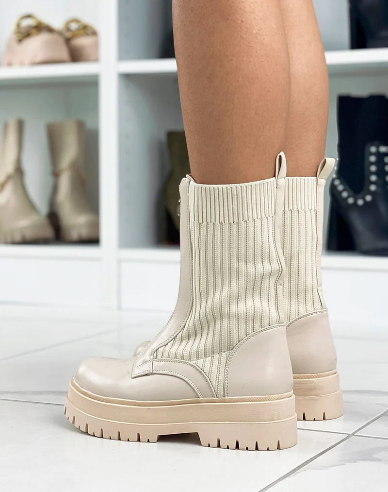 Bottines montantes beiges bi-matière à zip argenté