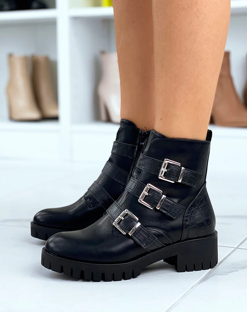Bottines noires à multiples sangles en effet croco