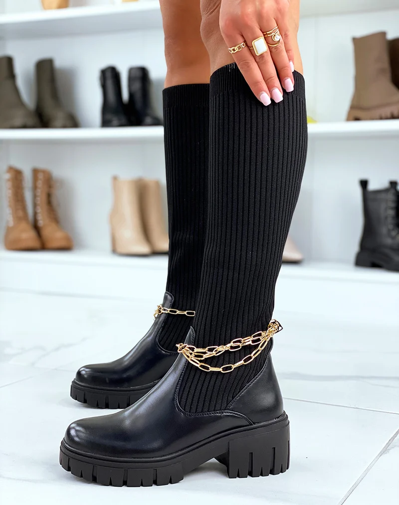 Bottes noires montantes effet chaussette à fines chaines dorées