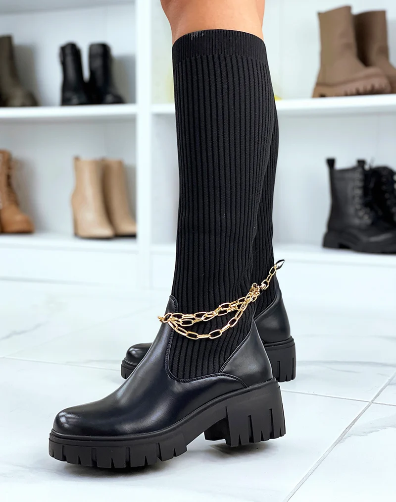 Bottes noires montantes effet chaussette à fines chaines dorées