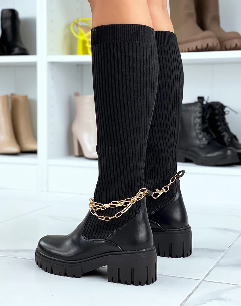Bottes noires montantes effet chaussette à fines chaines dorées