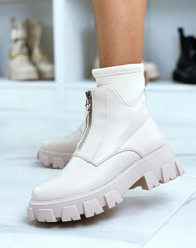 Bottines beiges zipées à grosse semelle crantée effet chaussette