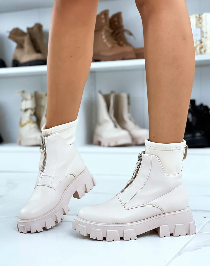 Bottines beiges zipées à grosse semelle crantée effet chaussette