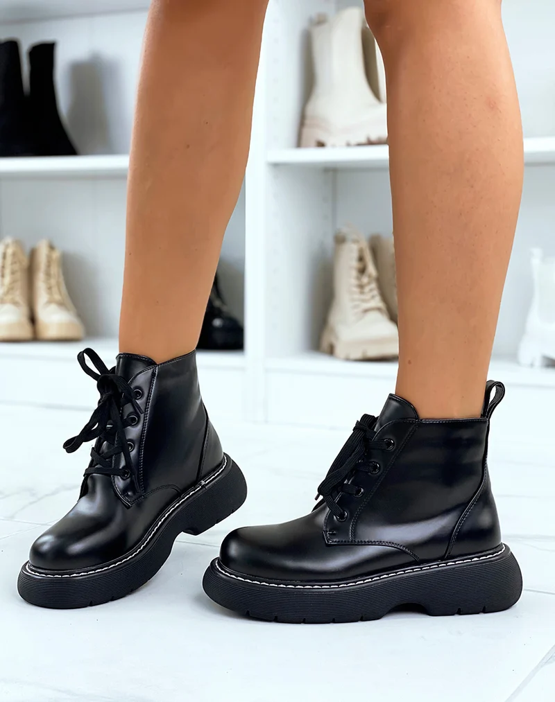 Bottines noires lacées à plateforme épaisse