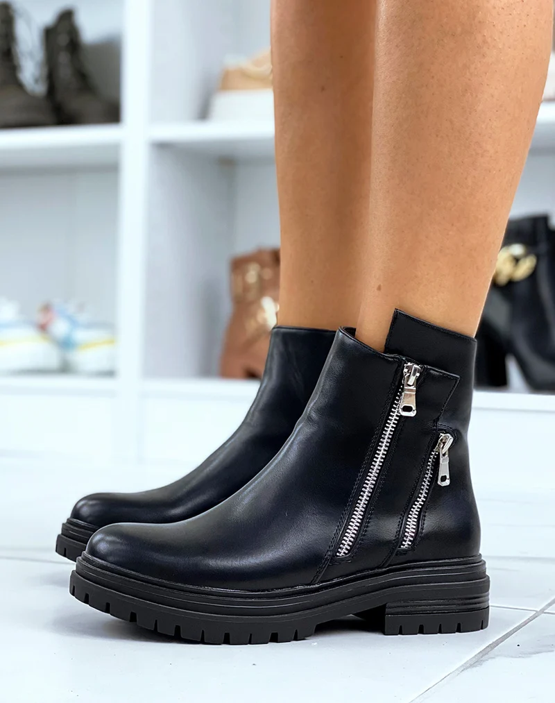 Bottines noires à double zip décoratif