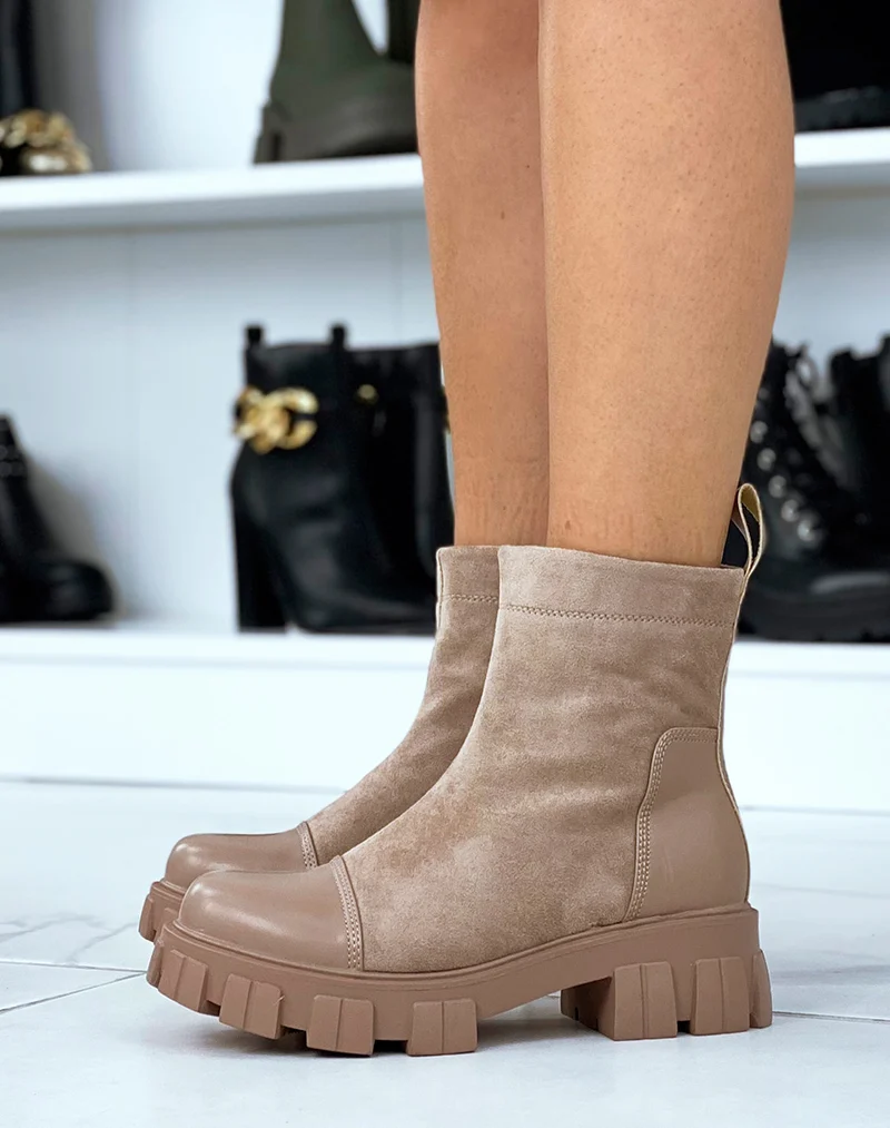 Bottines taupe bi-matières en suédine