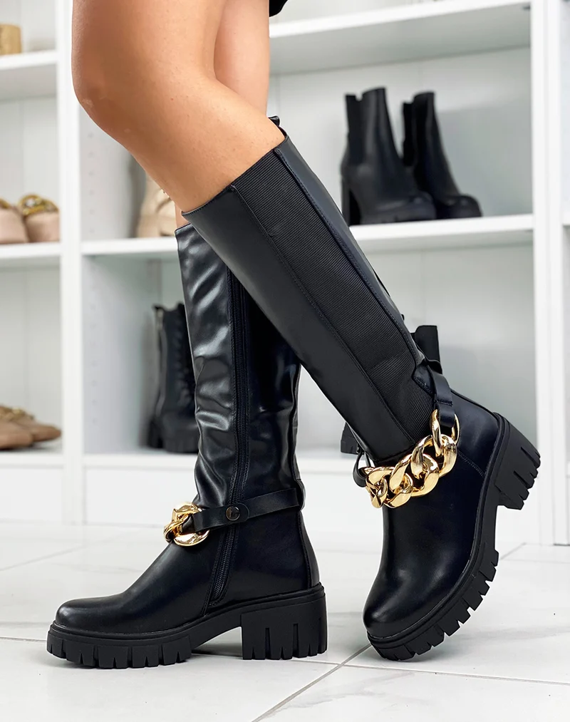 Bottes hautes noires avec élastique et chaine dorée
