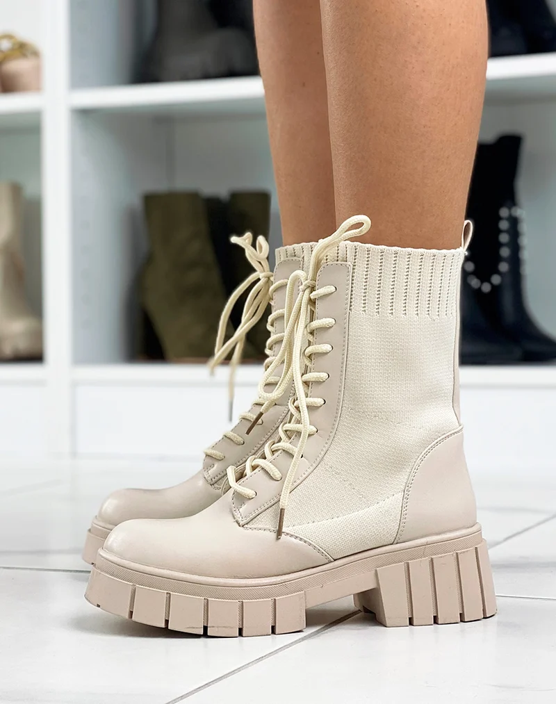 Bottines beiges montantes effet chaussette à semelle talonnée