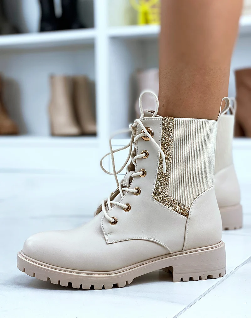 Bottines beiges à élastique et paillettes