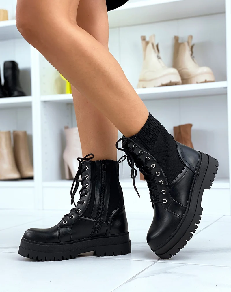 Bottines noires montantes bi-matières