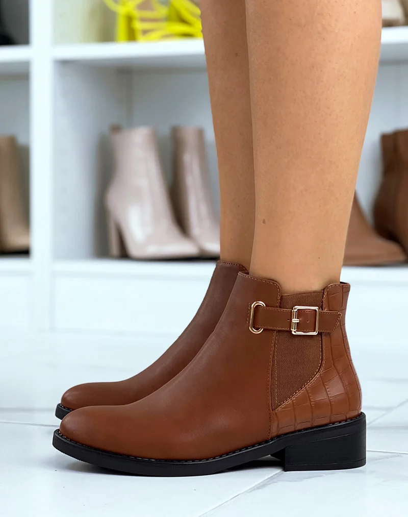 Bottines basses camel effet croco