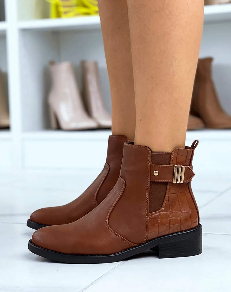 Bottines basses camel avec effet croco