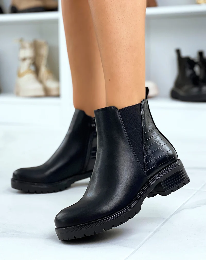 Bottines noires bi-matière à petit talon et élastique triangle