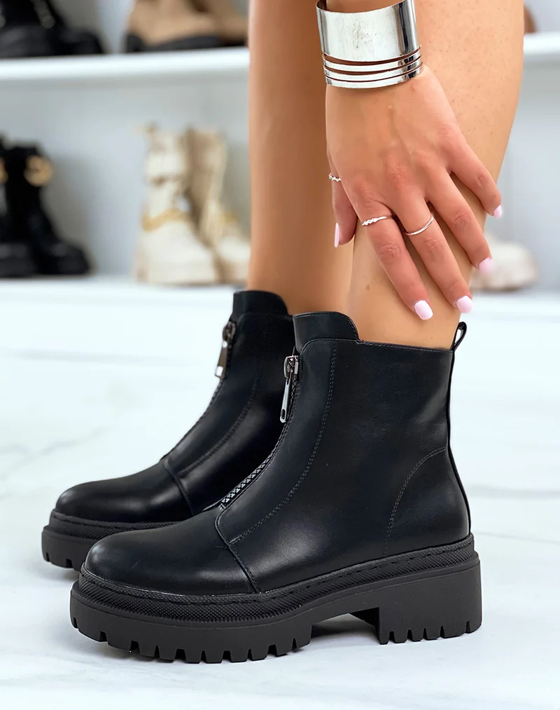 Bottines noires montantes zipées à petit talon