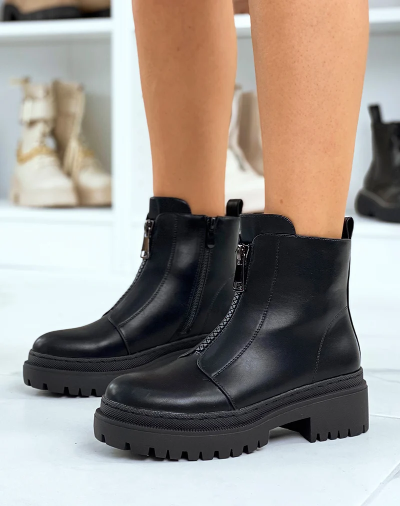 Bottines noires montantes zipées à petit talon