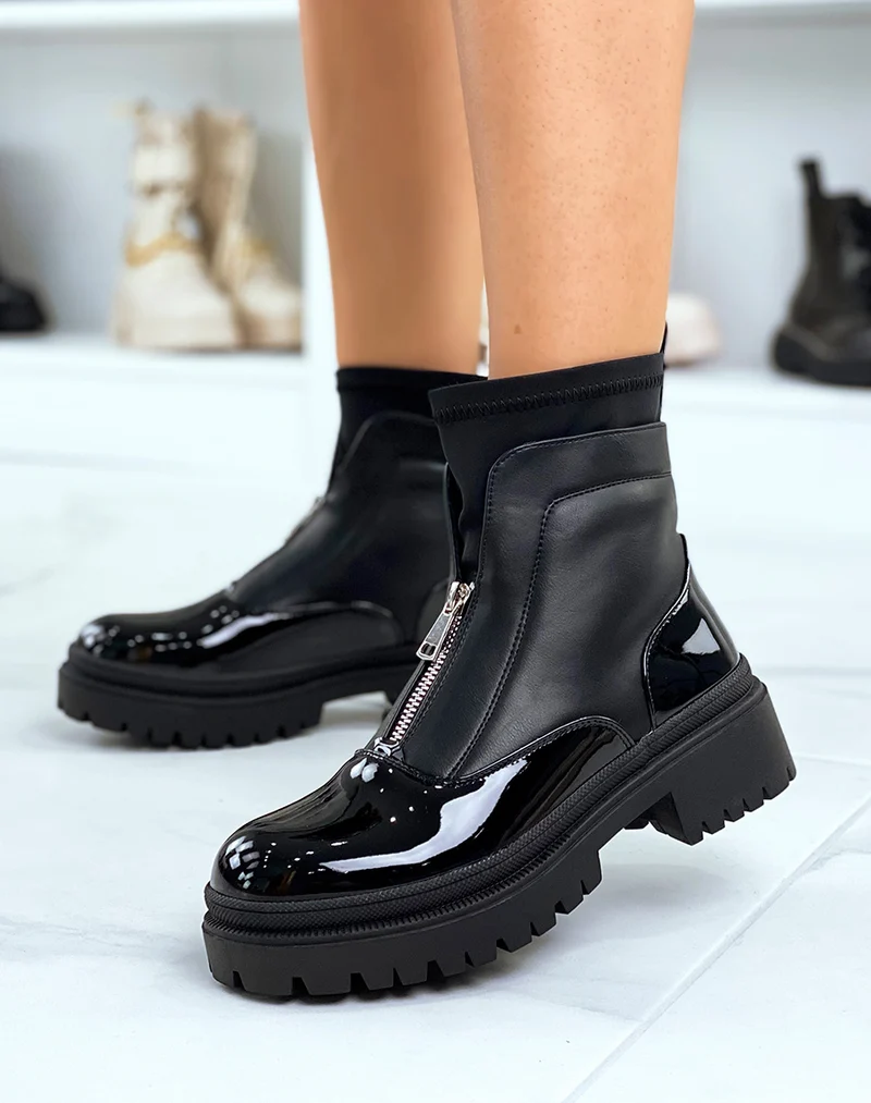 Bottines noires vernies effet chaussette zipées et talonnées