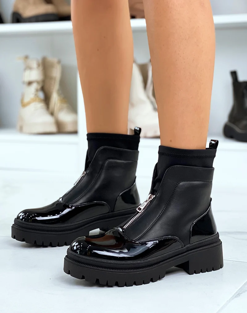 Bottines noires vernies effet chaussette zipées et talonnées