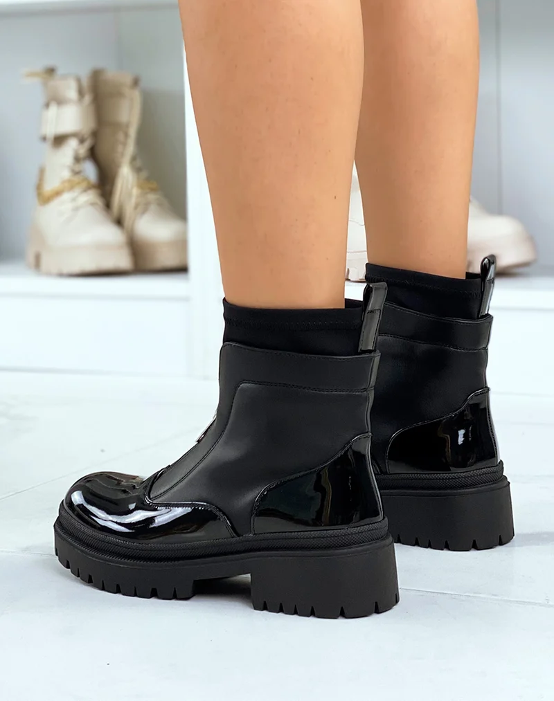Bottines noires vernies effet chaussette zipées et talonnées