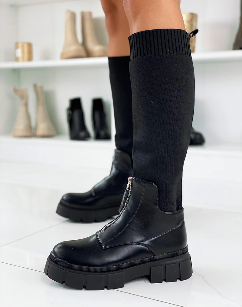 Bottes noires bi-matières effet chaussette zipées à semelle crantée