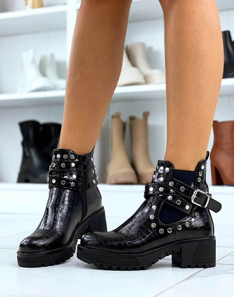 Bottines à talon mi-haut effet croco noir