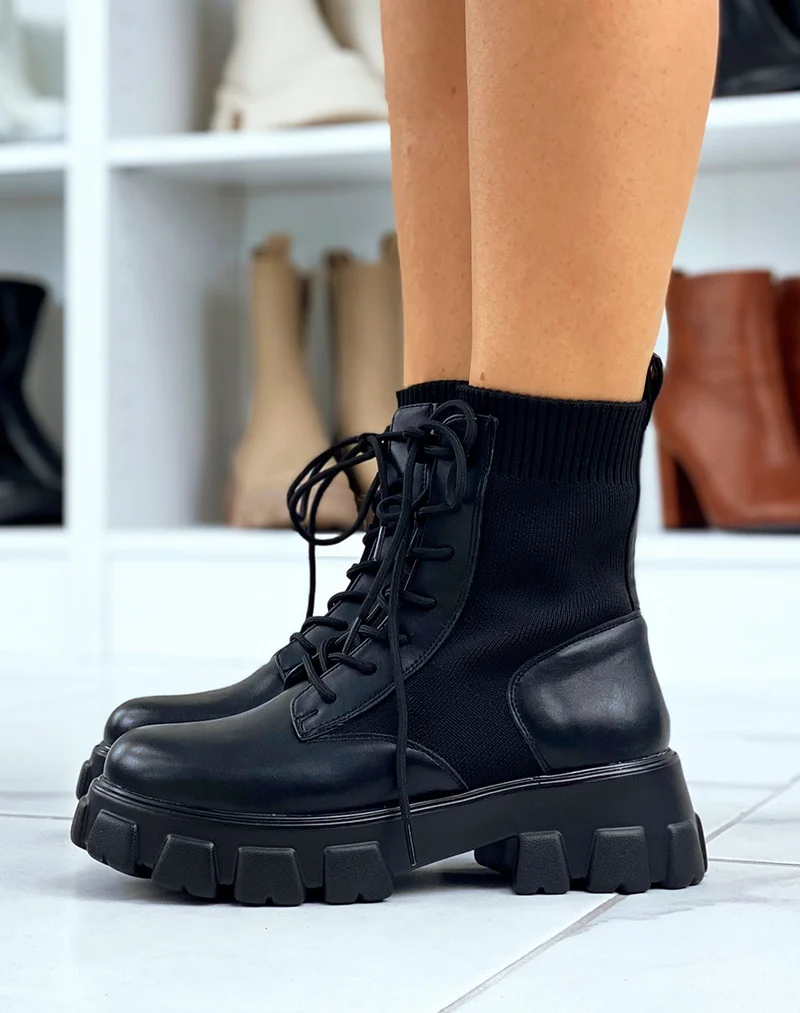 Bottines montantes noires effet chaussette à semelles crantées