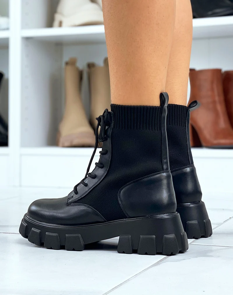 Bottines montantes noires effet chaussette à semelles crantées