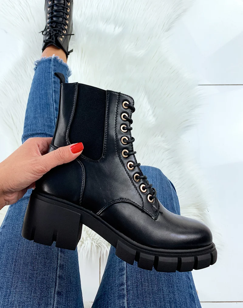 Bottines montantes noires à talon mi-haut