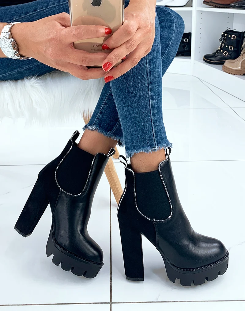 Bottines noires à talon bi-matière détails python