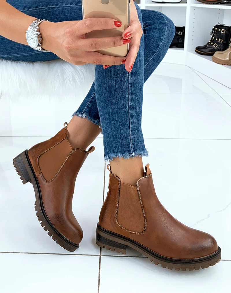 Chelsea boots camel bi-matières à détails effet python