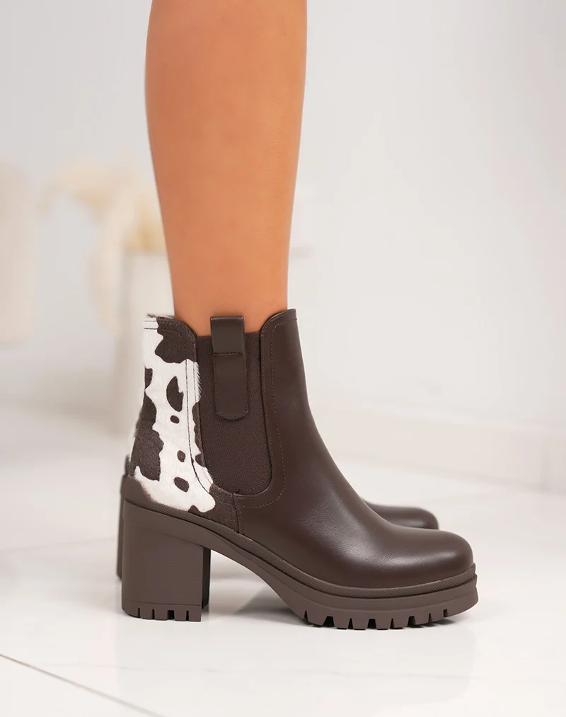 Bottines femme marron élégantes style chelsea à plateforme crantée et détail vachette