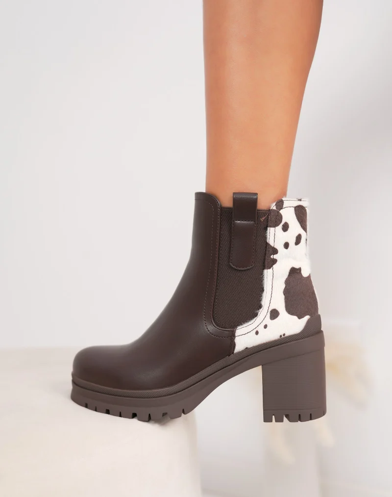 Bottines femme marron élégantes style chelsea à plateforme crantée et détail vachette