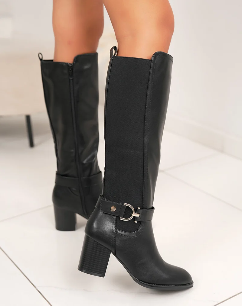 Bottes noires à talon épais avec sangle dorée – Élégance et confort pour l’hiver