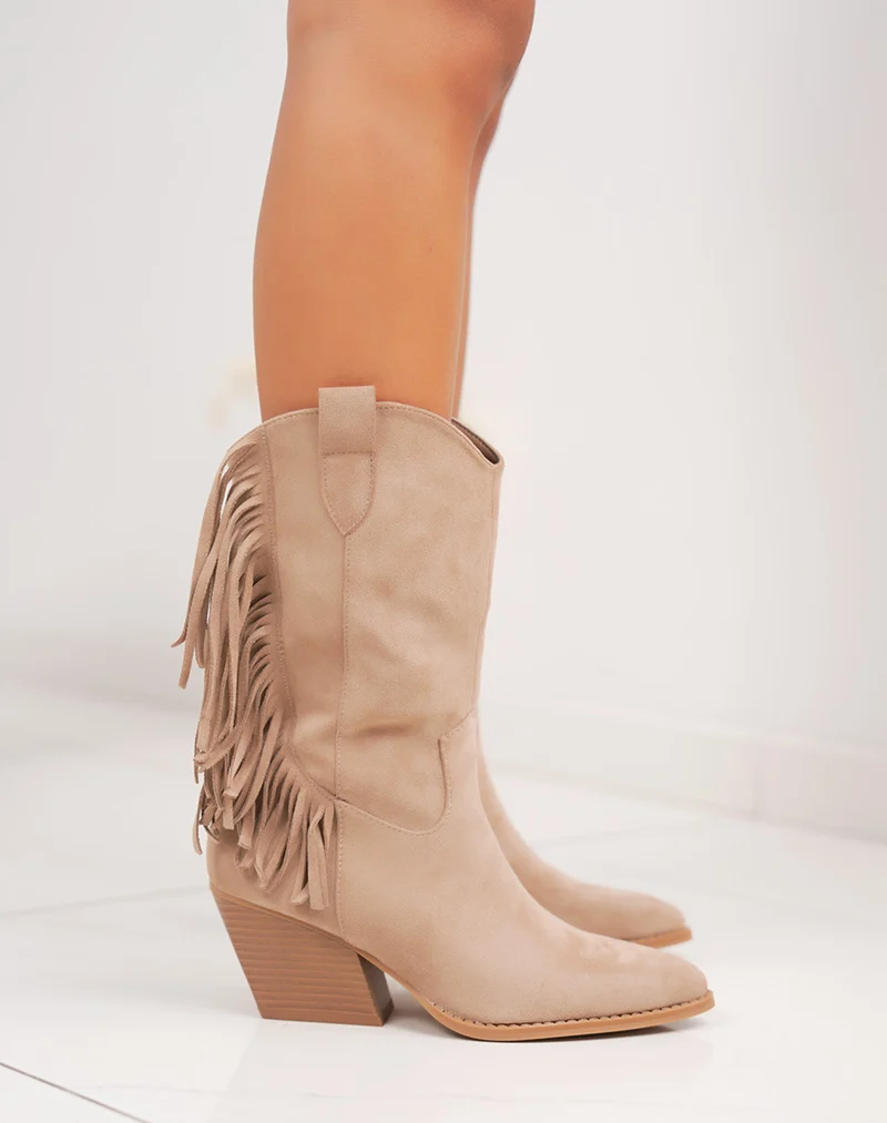 Bottines beiges à franges style santiags