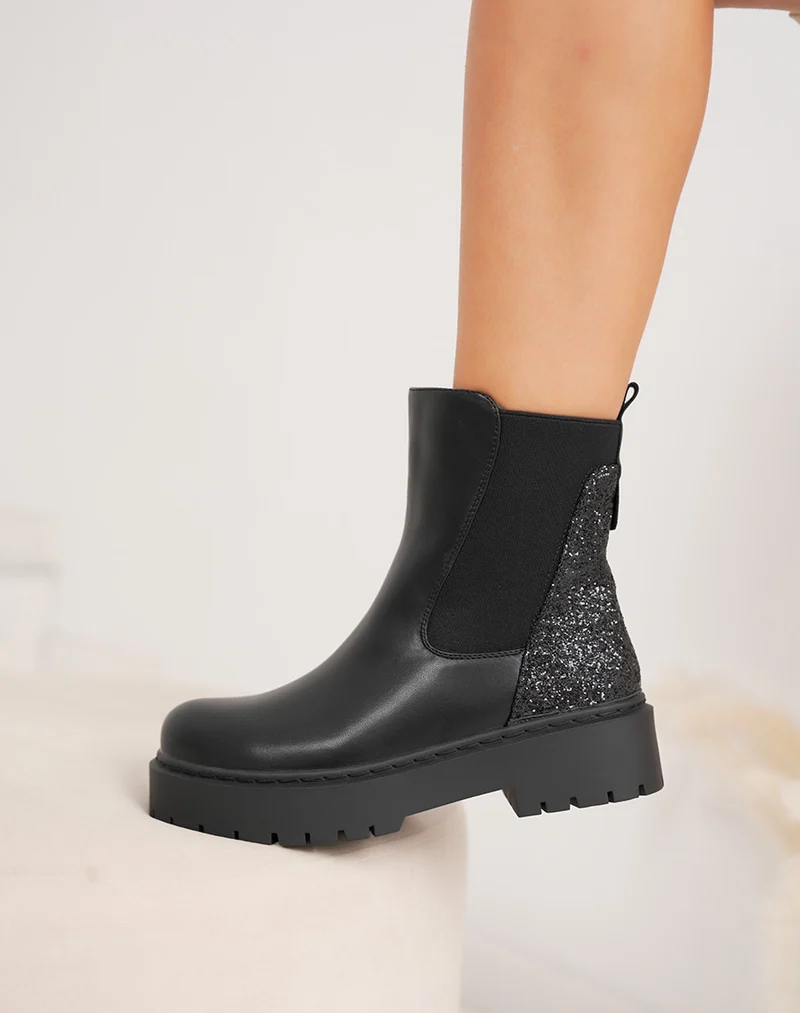 Bottines femme noires tendance style Chelsea avec paillettes arrière et semelle crantée