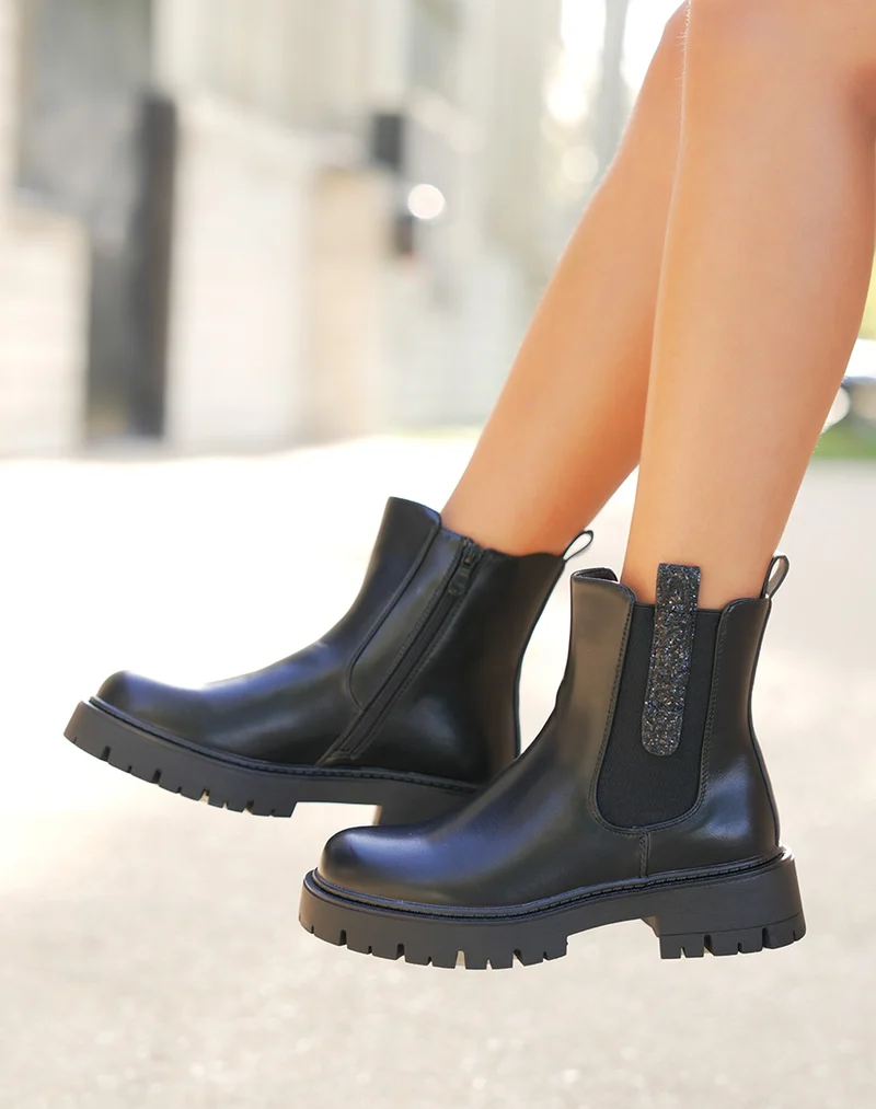 Bottines femme noires tendance style Chelsea avec paillettes et semelle crantée