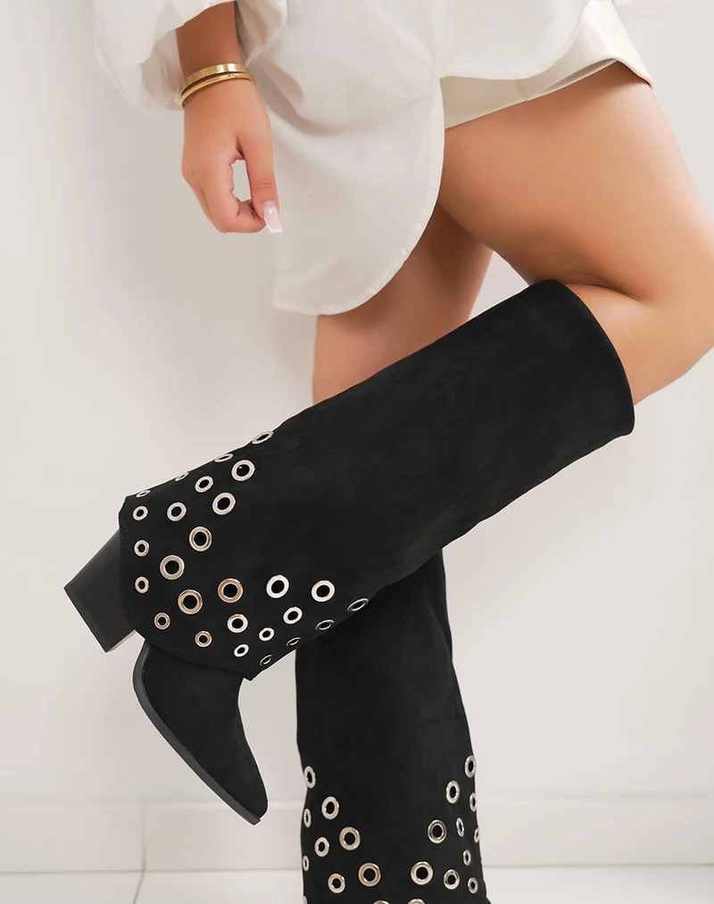 Bottes femme noires élégantes en suédine à talon biseauté avec détails argentés