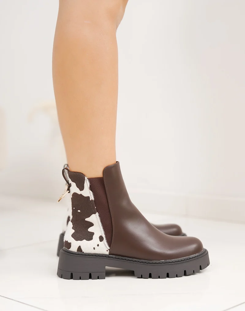 Bottines marron fourrées détails vachette