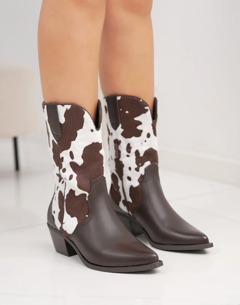 Bottines santiags femme marron à motif vachette tendance