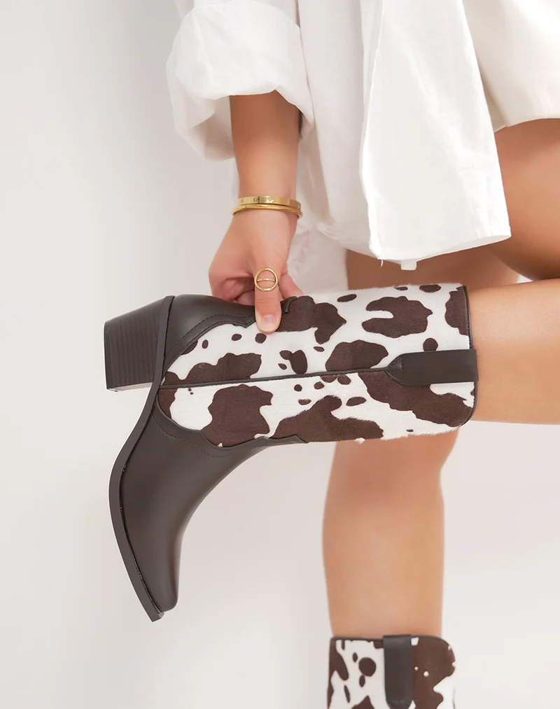 Bottines santiags femme marron à motif vachette tendance