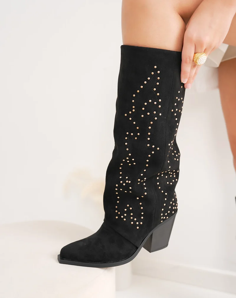Bottes femme noires style santiags en suédine avec brillants dorés