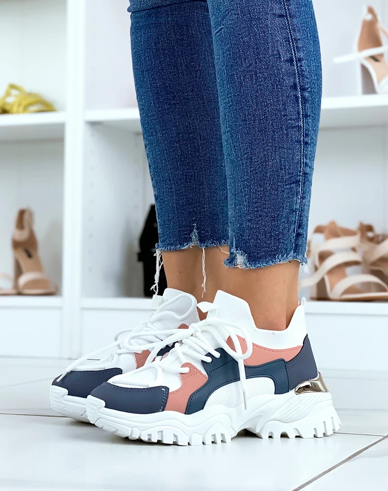 Baskets blanches et bleues effet chaussette