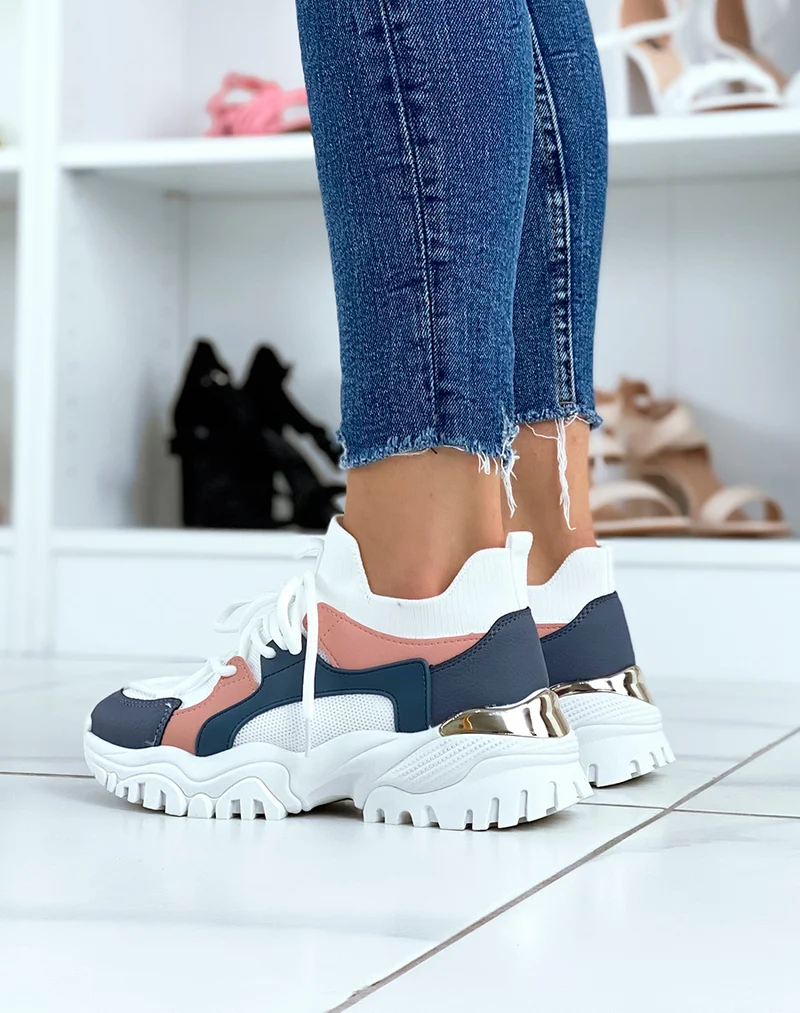 Baskets blanches et bleues effet chaussette