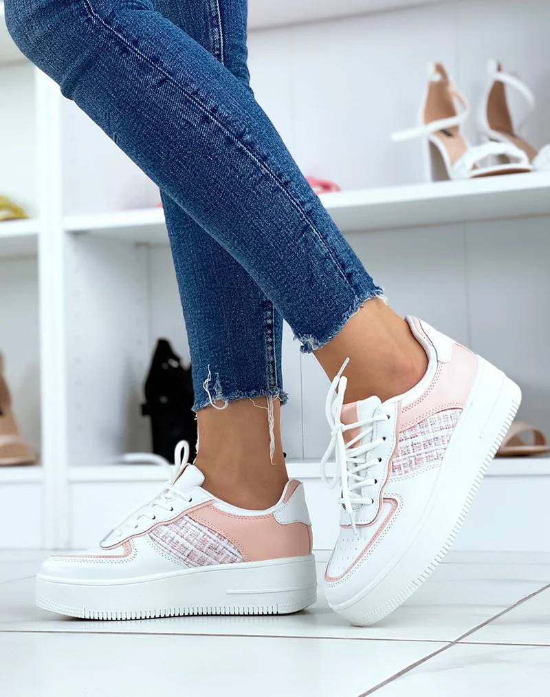 Baskets blanches et roses effet tweed